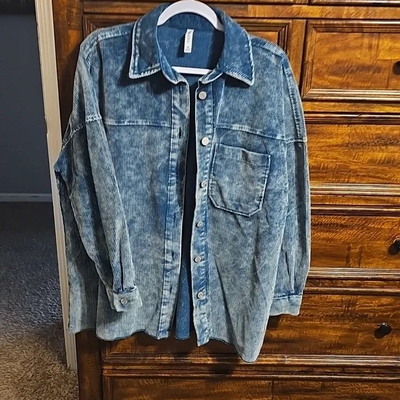 ZENANA Nwots womens Sz Medium Teal Blue Mineral Washed Corduroy Shacket!! - Picture 4 of 8